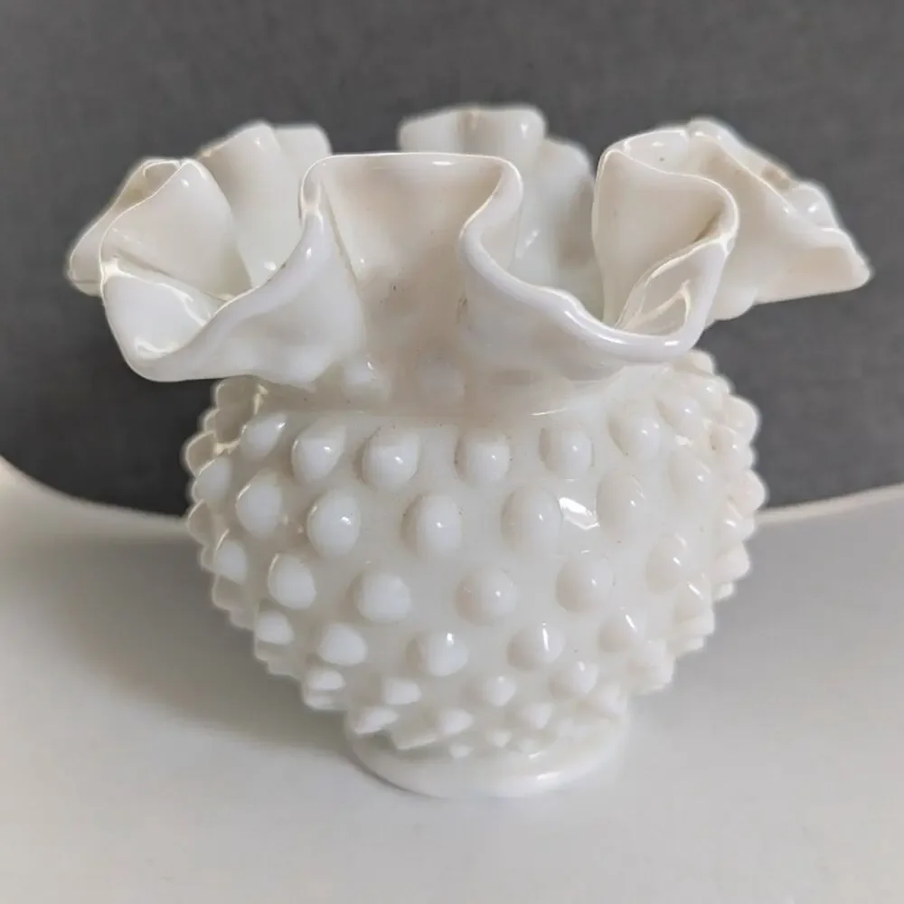 Vintage Fenton Art Milk Glass Cupped  Double Crimped Hobnail Planter Vase